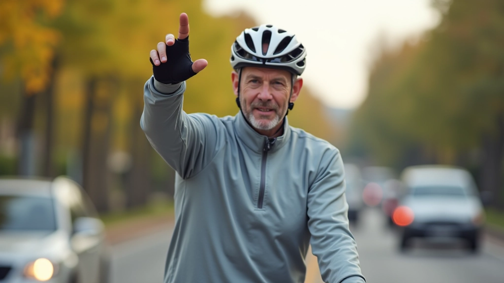 Rowerzysta sygnalizujący lewoskręt ręką na ruchliwej drodze