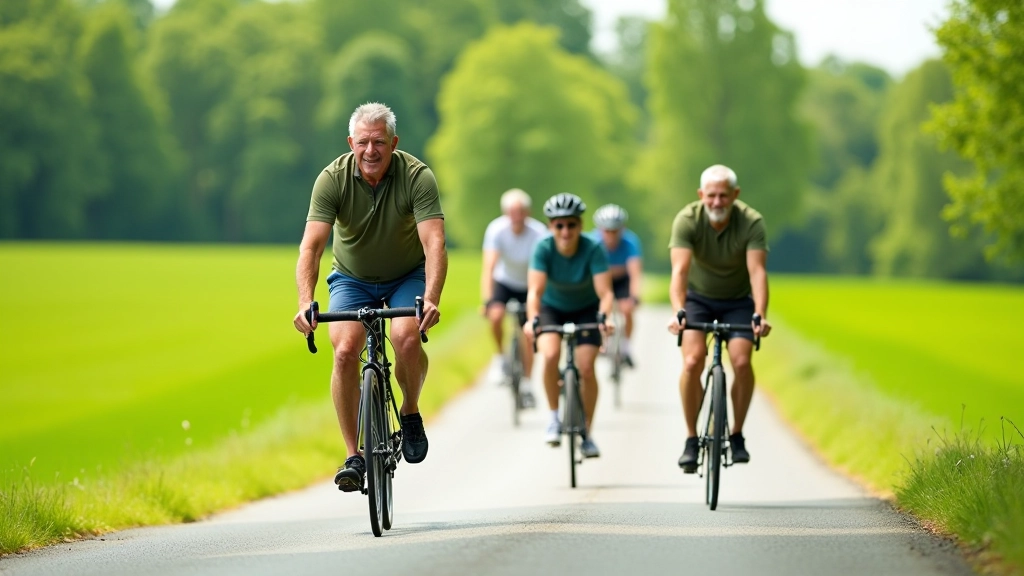 Seniorzy na rowerach na płaskiej trasie wokół Częstochowy