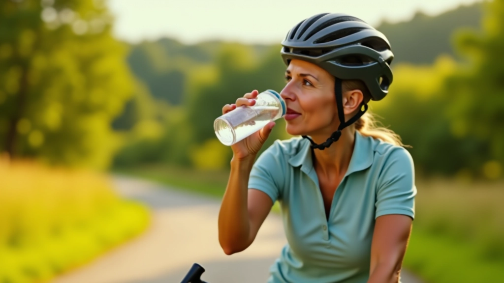 Seniorka w kasku rowerowym pije wodę podczas przerwy na trasie