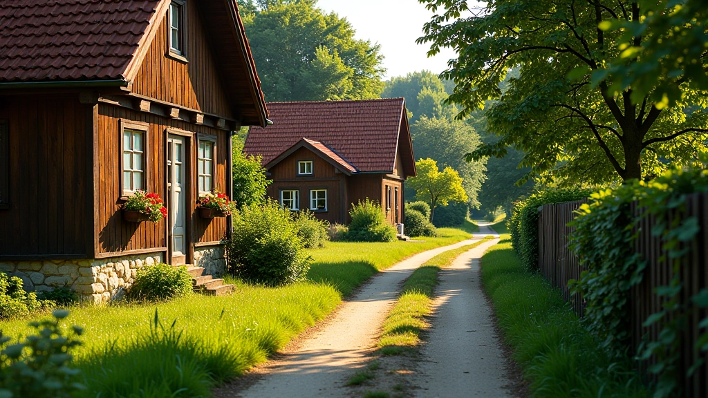 Tradycyjna polska wioska z drewnianymi domkami, kwiatami w oknach i starymi drzewami, słoneczny dzień, spokojny krajobraz